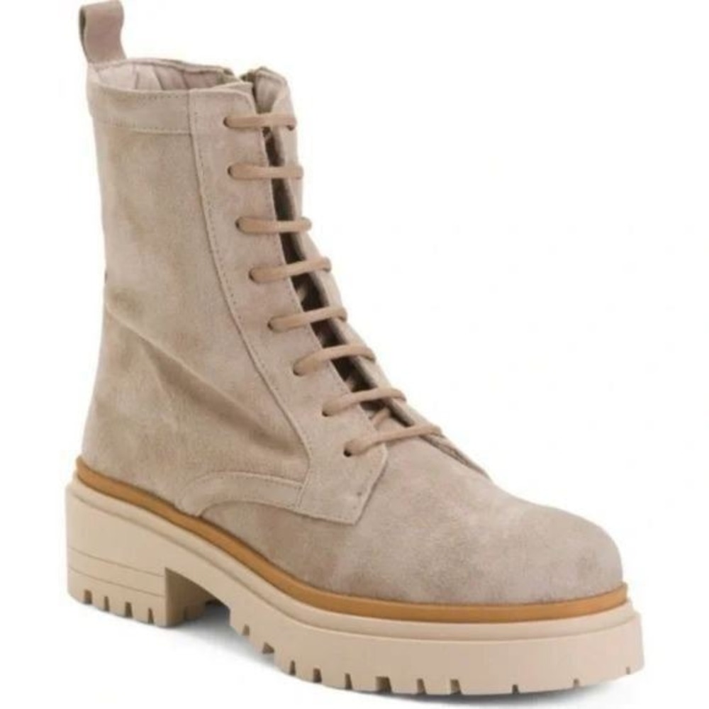 Bertuchi Suede Lace Up Ankle Boots with Lug Sole, Chunky Heel, and Side Zipper